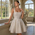 Romantic Champagne Sleeveless A-Line Short Wedding Dress with Deep V Back SW725