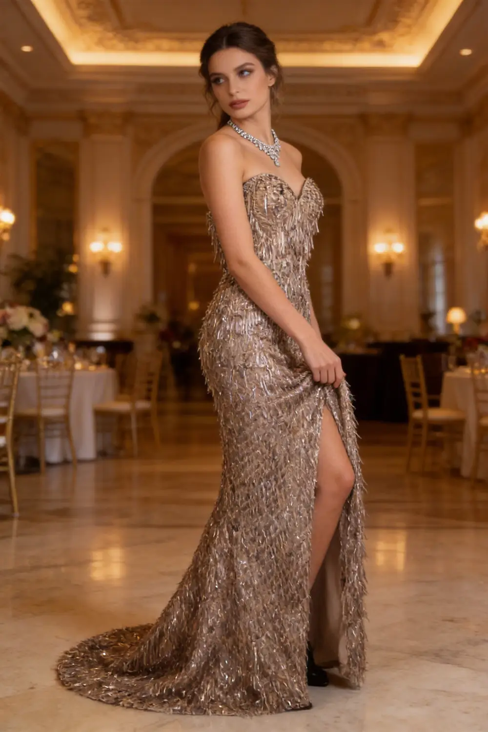 Luxury Strapless Fringe Sequin Formal Gown with Train by tangjianjun