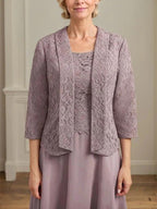 A-line Scoop Tea-Length Lace Chiffon Mother of the Bride Dress by Dreamylily