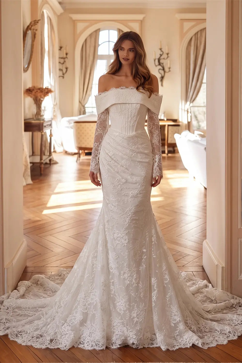 White Long Sleeve Corset Mermaid Bridal Gown with Cathedral Train SW674