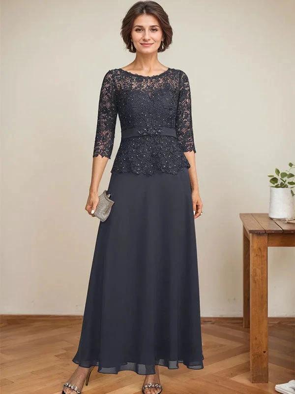 A-line Scoop Illusion Ankle-Length Chiffon Lace Mother of the Bride Dress With Rhinestone Beading by Dreamylily