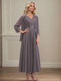 A-line V-Neck Ankle-Length Chiffon Mother of the Bride Dress With Sequins Appliques Lace Beading by Dreamylily