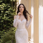 White Boho Romantic Lace Mermaid Wedding Dress Beaded Sequins With Lace Train SW627