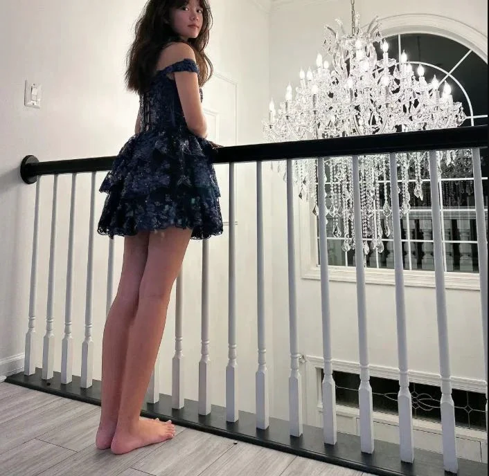 Navy Blue A-Line Sweetheart Lace Tiered Short Homecoming Dress Y8107 by simplepromdress