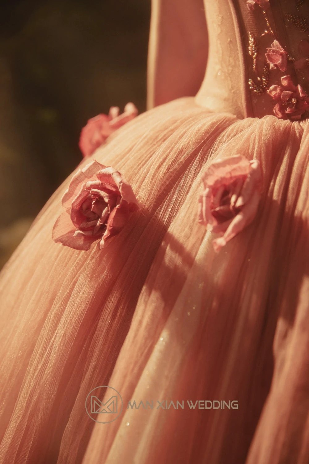 Autumn Rose-Hued Sweetheart Tulle Ball Gown with 3D Floral Accents & Tiered Ruffles by ZAPDRESS