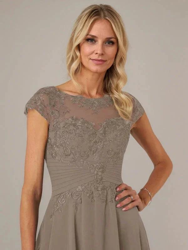 A-line Boat Neck Illusion Asymmetrical Chiffon Lace Mother of the Bride Dress With Applique Pleats by Dreamylily