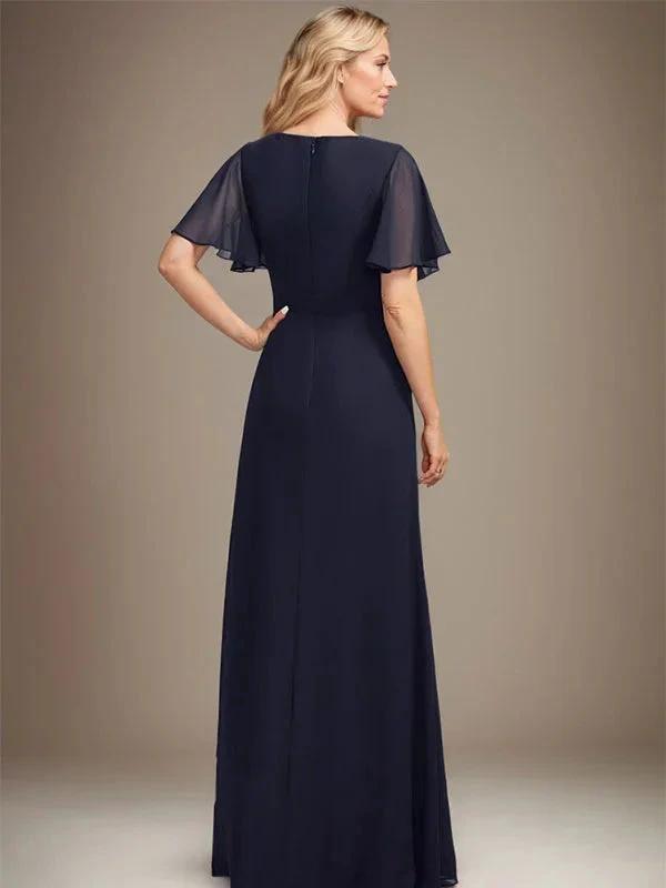 A-line Asymmetrical Floor-Length Chiffon Mother of the Bride Dress With Pleated Beading Sequins by Dreamylily