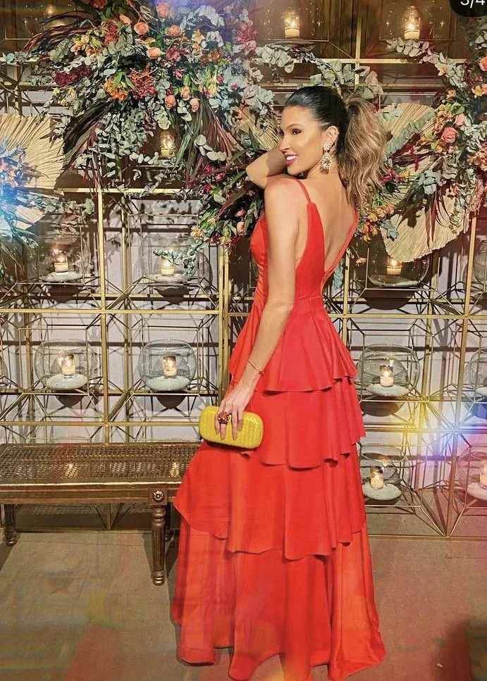A-line Spaghetti Straps Red Tiered Evening Dress Y5466 by simplepromdress