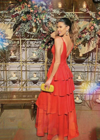 A-line Spaghetti Straps Red Tiered Evening Dress Y5466 by simplepromdress