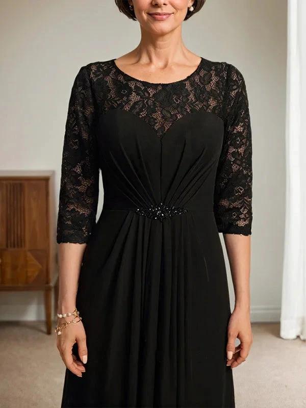 A-Line Scoop Illusion Floor-Length Lace Chiffon Mother Of the Bride Dress With Beading Ruffles by Dreamylily