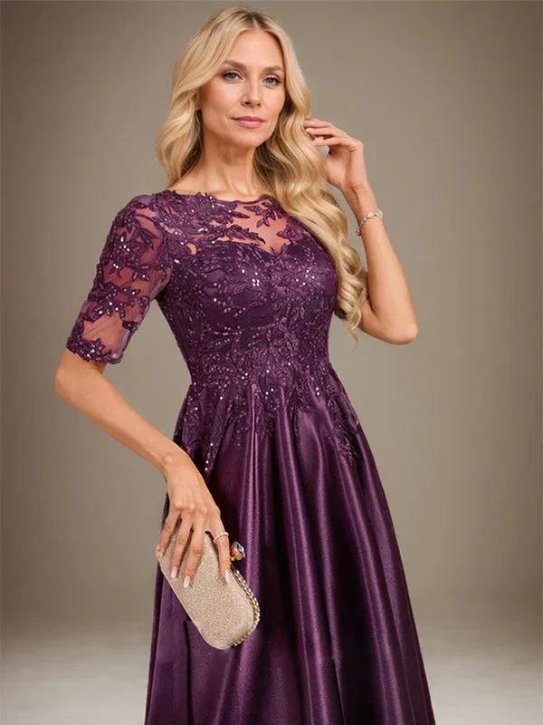 A-line Scoop Illusion Asymmetrical Stretch Satin Lace Mother of the Bride Dress With Sequins by Dreamylily