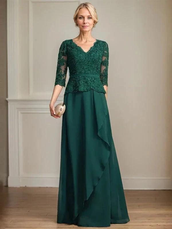 A-line V-Neck Floor-Length Lace Chiffon Mother of the Bride Dress With Cascading Ruffles Sequins by Dreamylily