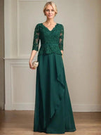 A-line V-Neck Floor-Length Lace Chiffon Mother of the Bride Dress With Cascading Ruffles Sequins by Dreamylily