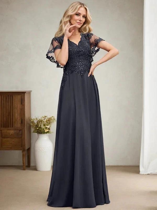 A-line V-Neck Floor-Length Lace Chiffon Mother of the Bride Dress With Sequins by Dreamylily