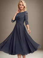 A-line Scoop Tea-Length Lace Chiffon Mother of the Bride Dress With Sequins by Dreamylily