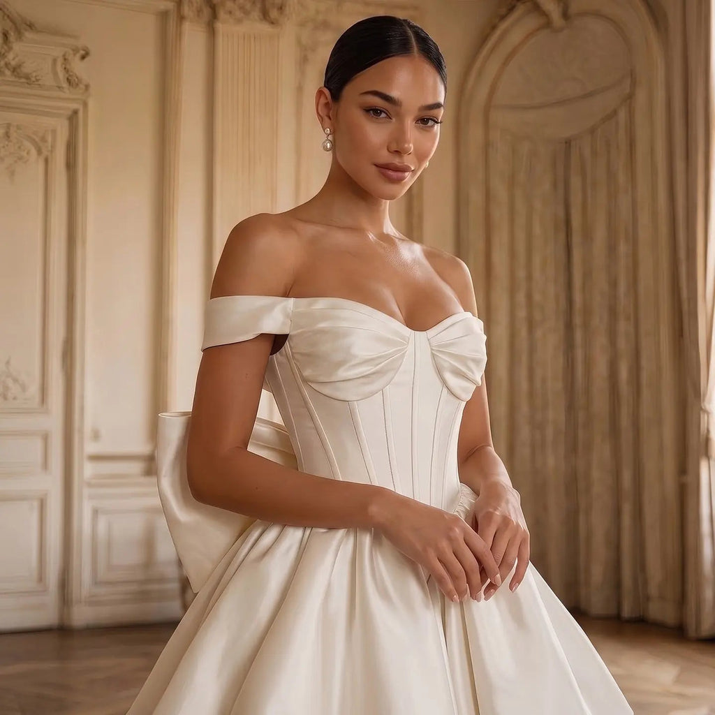 Elegant Lvory Off-the-Shoulder Satin Wedding Dress with Large Bow SW720