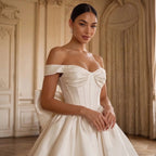 Elegant Lvory Off-the-Shoulder Satin Wedding Dress with Large Bow SW720