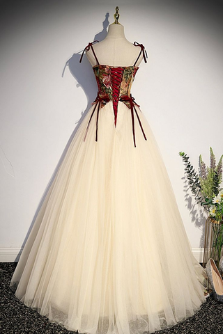 Vestido de fiesta largo con tirantes finos de tul color champán, corte A, Y7952