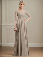 A-line Scoop Illusion Floor-Length Lace Chiffon Mother of the Bride Dress With Sequins by Dreamylily