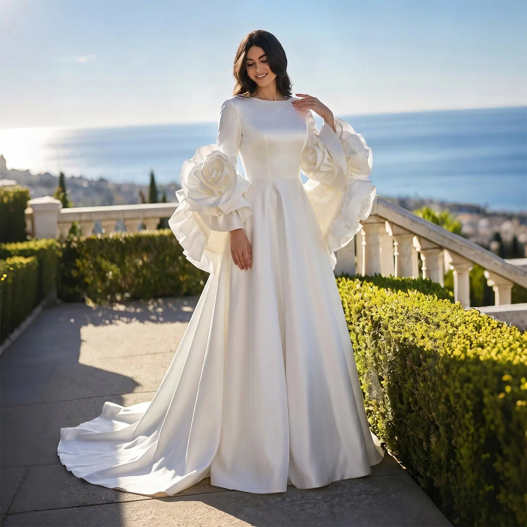 Ivory  Romantic A-Line Satin Wedding Dress 3D Rose Floral With Veil  SW661