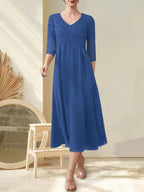 A-line V-Neck Tea-Length Chiffon Lace Mother of the Bride Dress With Beading by Dreamylily