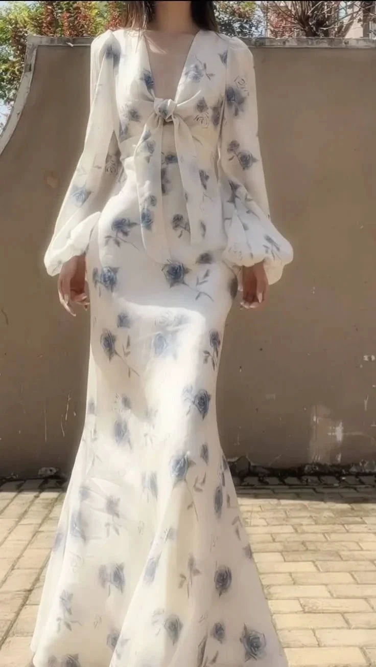 Elegant Ice Blue Rose Chiffon Print Floral Prom Dress Long Mermaid Evening Dress Y8407 by simplepromdress