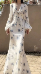 Elegant Ice Blue Rose Chiffon Print Floral Prom Dress Long Mermaid Evening Dress Y8407 by simplepromdress