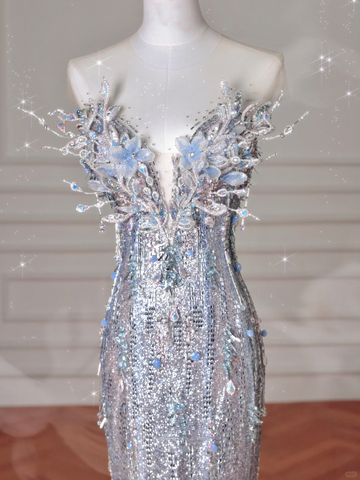 Luxury Silver Sequin 3D Beaded Mermaid Evening Dress Long Prom Dress With Bow Y8640