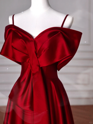 Red Satin Off The Shoulder Prom Dress Bow A Line Evening Dress Y8626