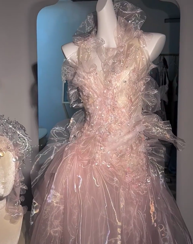 Fairy Pink Tulle Beaded Prom Dress Long Backless Evening Dress Y8564