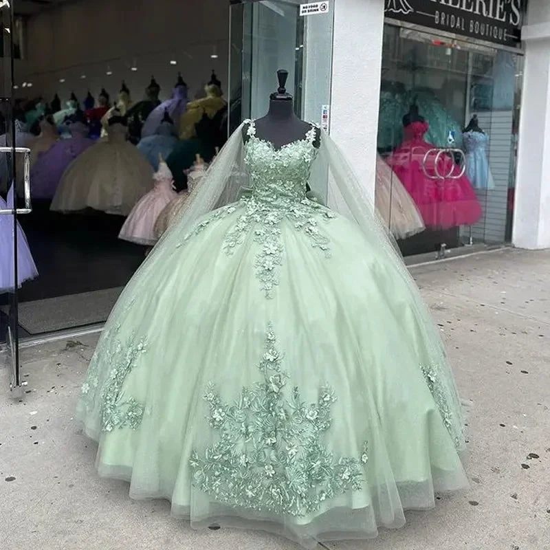Mint Green Quinceanera Dresses 3D Flowers Ball Gown Pageant Party Sweet 15 Dress Y4481 by simplepromdress