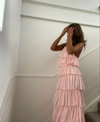 Pink Sleeveless Layered Long Prom Dress,Pink Evening Dress Y2301 by simplepromdress