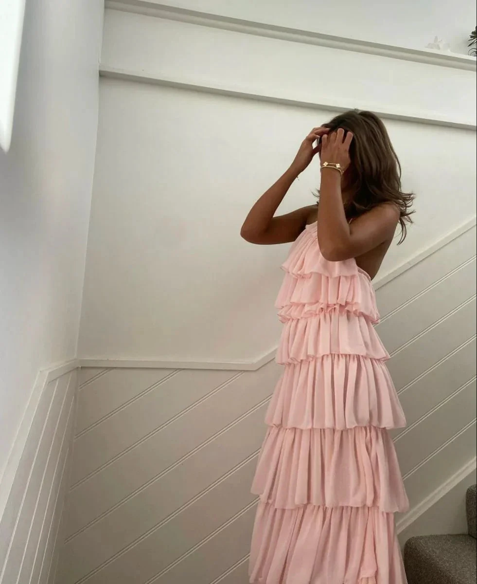 Pink Sleeveless Layered Long Prom Dress,Pink Evening Dress Y2301 by simplepromdress