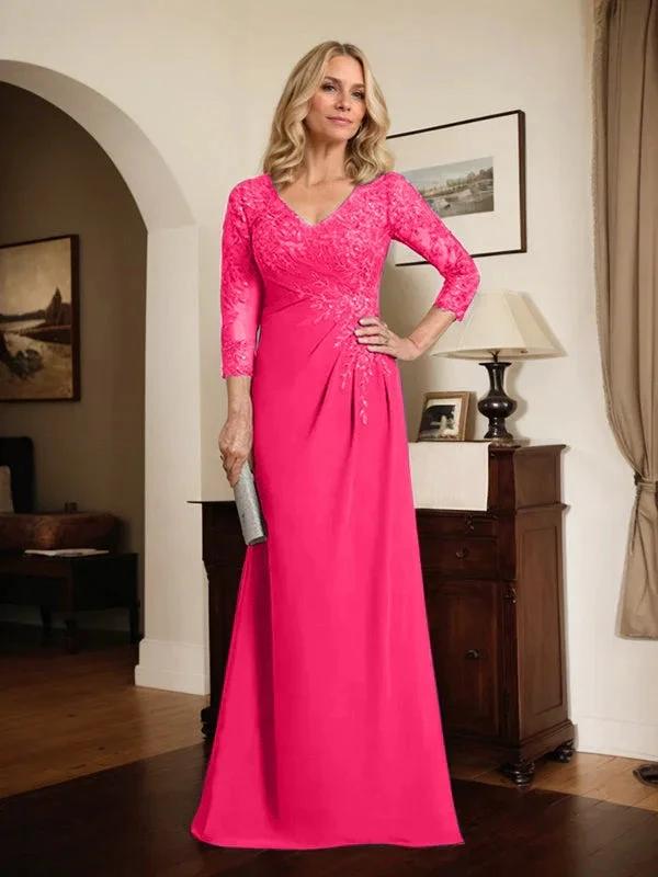 Sheath/Column V-Neck Illusion Floor-Length Lace Chiffon Mother of the Bride Dress With Pleated Sequins by Dreamylily