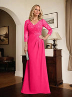 Sheath/Column V-Neck Illusion Floor-Length Lace Chiffon Mother of the Bride Dress With Pleated Sequins by Dreamylily