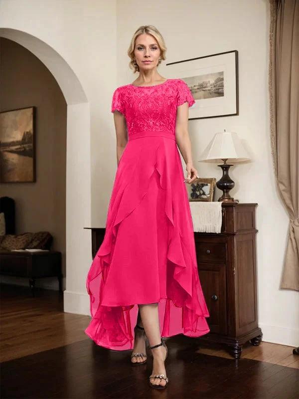 A-line Scoop Illusion Asymmetrical Chiffon Lace Mother of the Bride Dress With Bow Ruffle Sequins by Dreamylily
