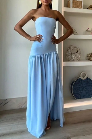 Elegante vestido de noche azul plisado sin tirantes con abertura y vestido de fiesta formal Y7772