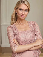 A-line Square Tea-Length Chiffon Lace Mother of the Bride Dress With Sequins Beading by Dreamylily