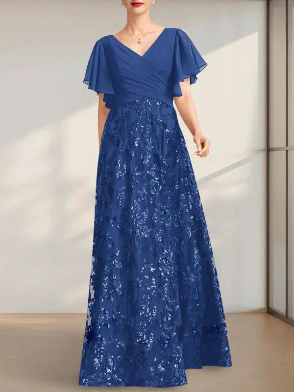 A-line V-Neck Floor-Length Lace Sequin Chiffon Mother of the Bride Dress With Pleated by Dreamylily