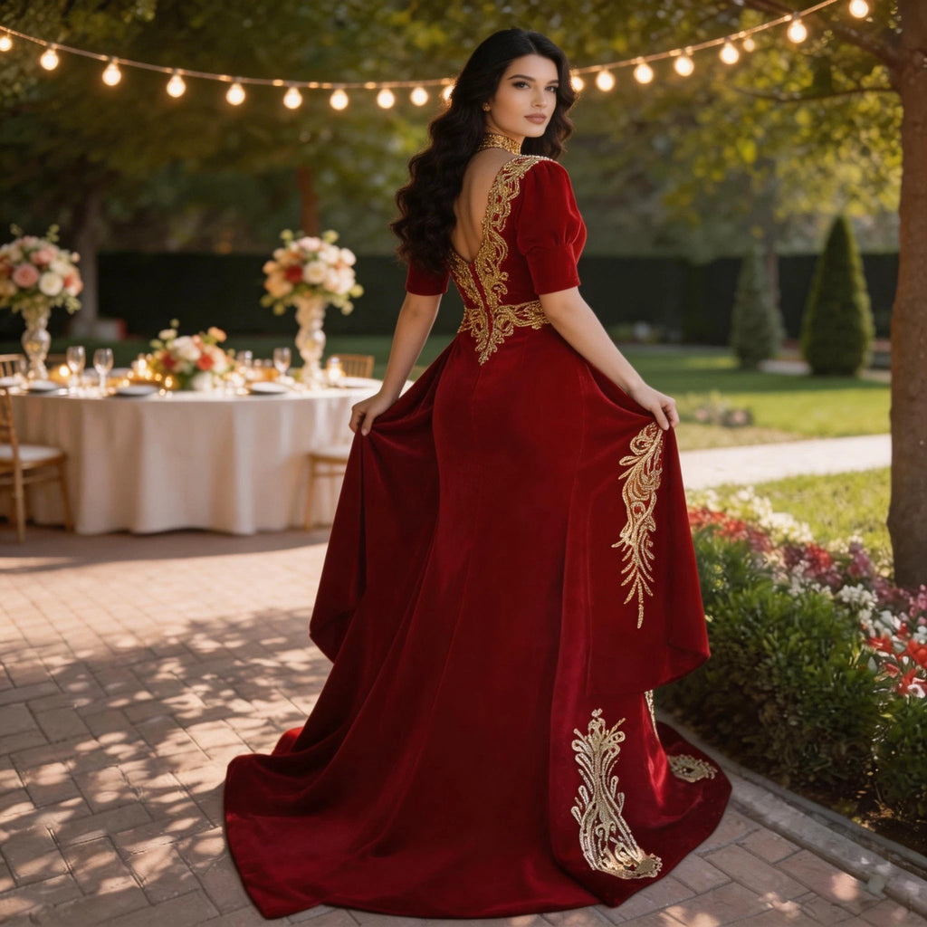 Gorgeous Halter Red Velvet Mermaid Evening Gown with Gold Appliques Half Sleeves by misshow.com
