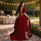 Gorgeous Halter Red Velvet Mermaid Evening Gown with Gold Appliques Half Sleeves by misshow.com