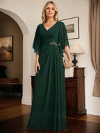 Sheath/Column V-Neck Floor-Length Chiffon Mother of the Bride Dress With Pleated Sequins Beading by Dreamylily