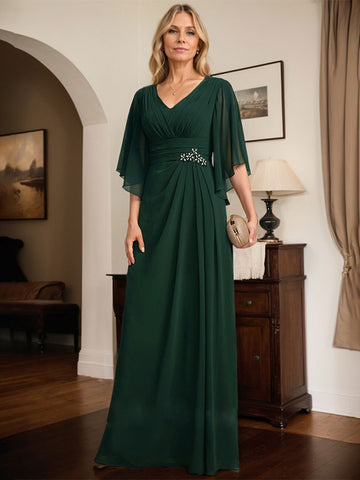 Vestido de gasa para madre de la novia, con escote en V, largo hasta el suelo, con lentejuelas plisadas y abalorios