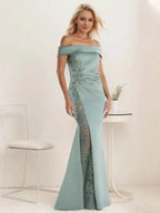 A-Line Off the Shoulder Floor-Length Mother of the Bride Dress Applique Beadings Mermaid Dress With High Split by Dreamylily