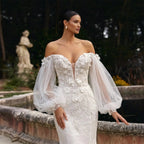 White  Off‑The‑Shoulder Puff Sleeve 3D Floral Mermaid Wedding Dress SW630