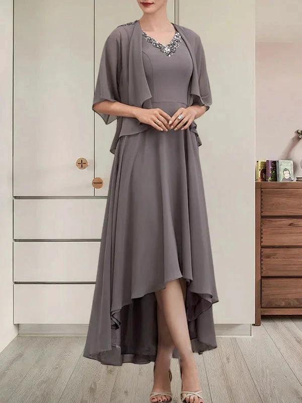 A-line V-Neck Asymmetrical Chiffon Mother of the Bride Dress With Beading Sequins by Dreamylily