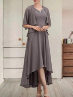 A-line V-Neck Asymmetrical Chiffon Mother of the Bride Dress With Beading Sequins by Dreamylily