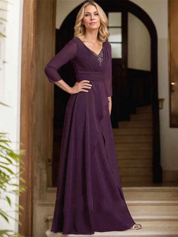 A-line V-Neck Floor-Length Chiffon Mother of the Bride Dress With Pleated Beading by Dreamylily