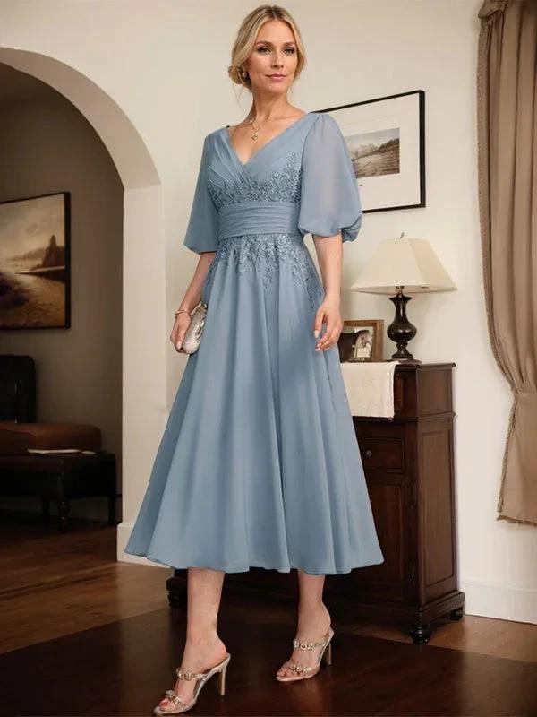 A-line V-Neck Tea-Length Lace Chiffon Mother of the Bride Dress With Pleated by Dreamylily