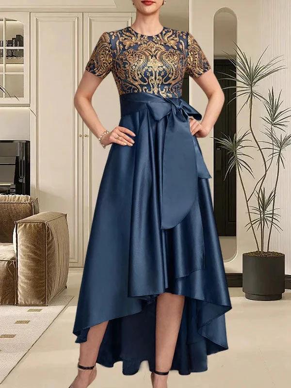 A-line Scoop Asymmetrical Satin Sequin Lace Mother of the Bride Dress With Bow by Dreamylily
